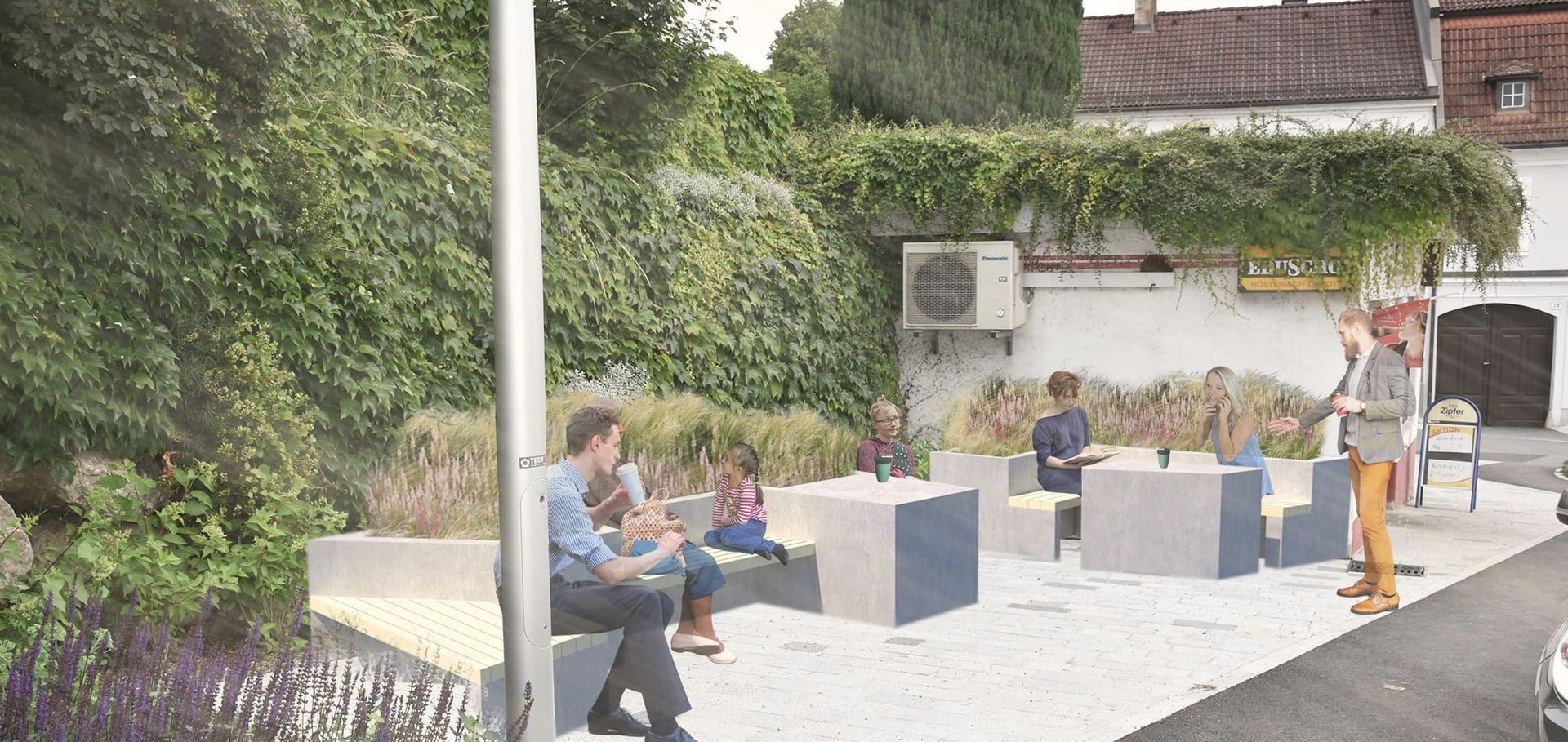 Städtische Straßenszene mit Menschen, die auf Bänken in der Nähe von modernen Pflanzgefäßen sitzen