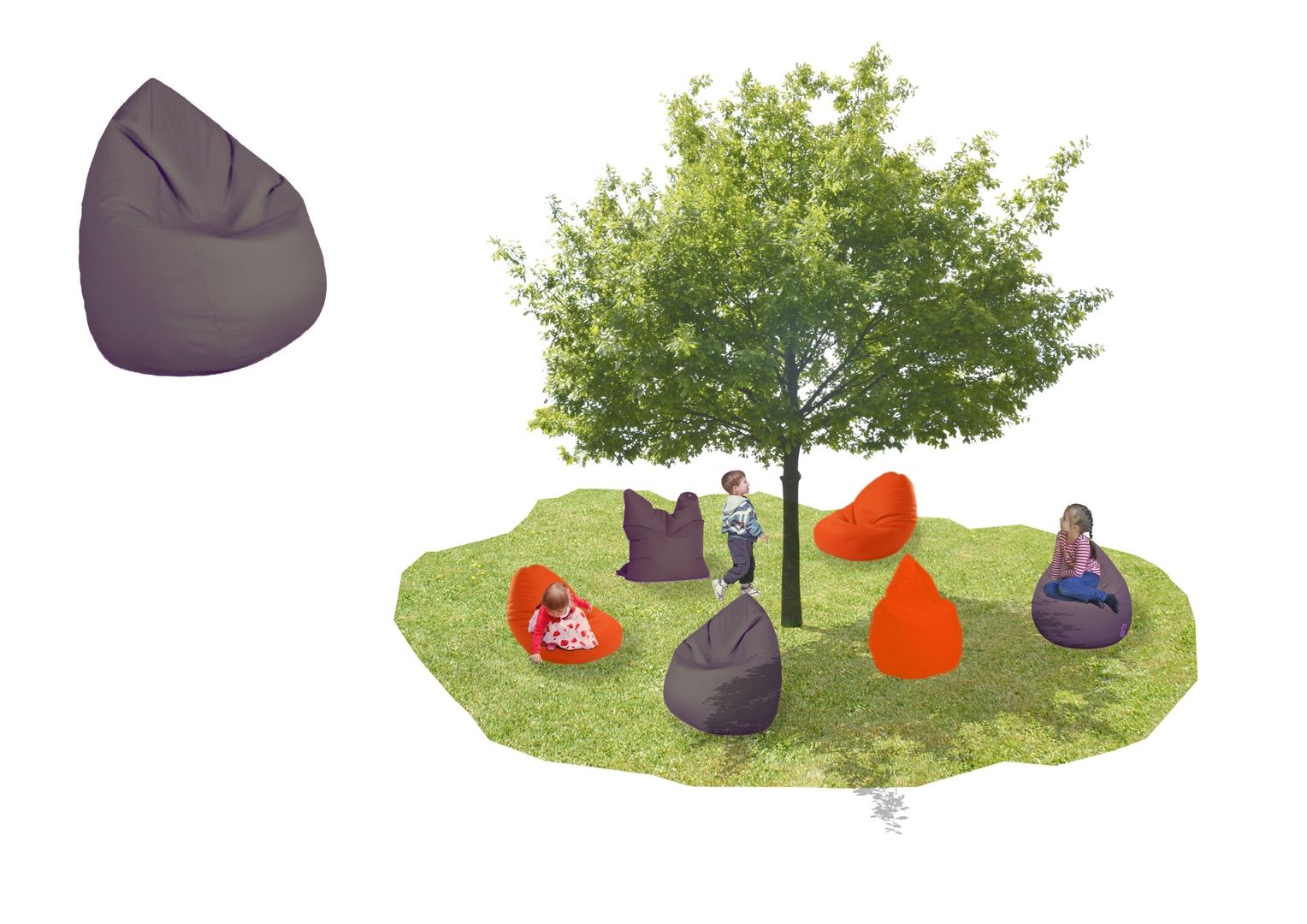 Konzeptdarstellung von verschiedenfarbigen Sitzsäcken unter einem Baum