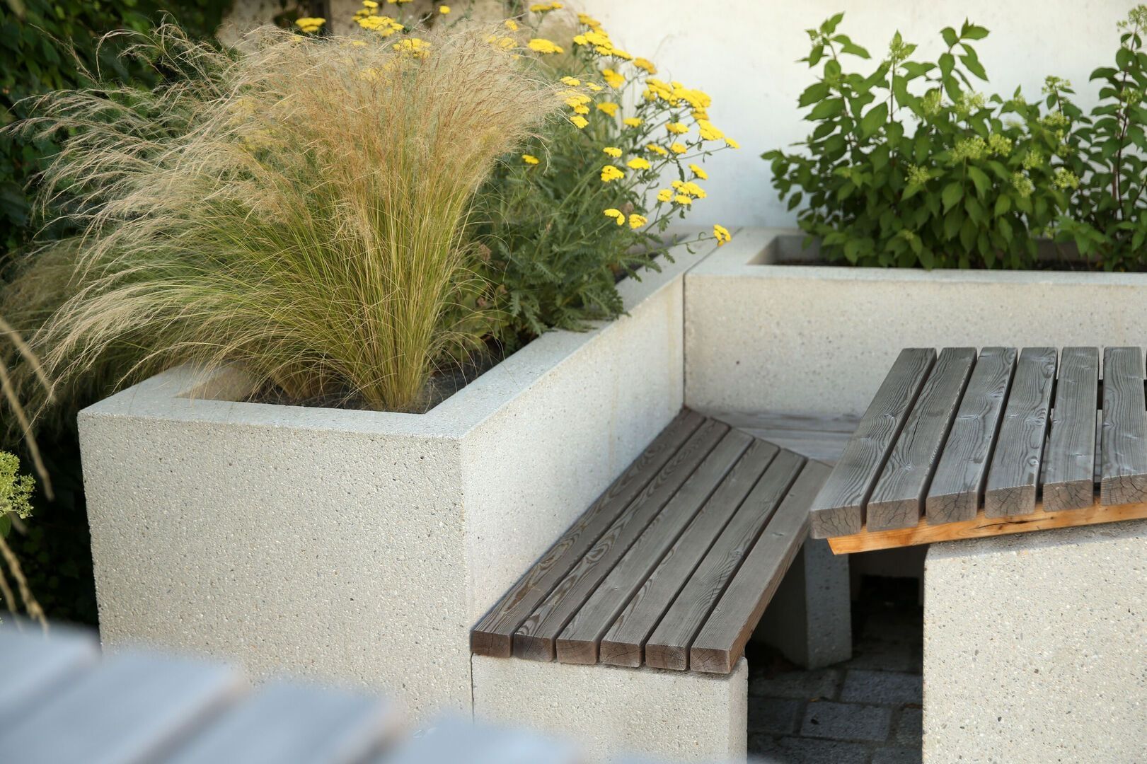 Moderne Pflanzbeete und Sitzgelegenheiten aus Beton