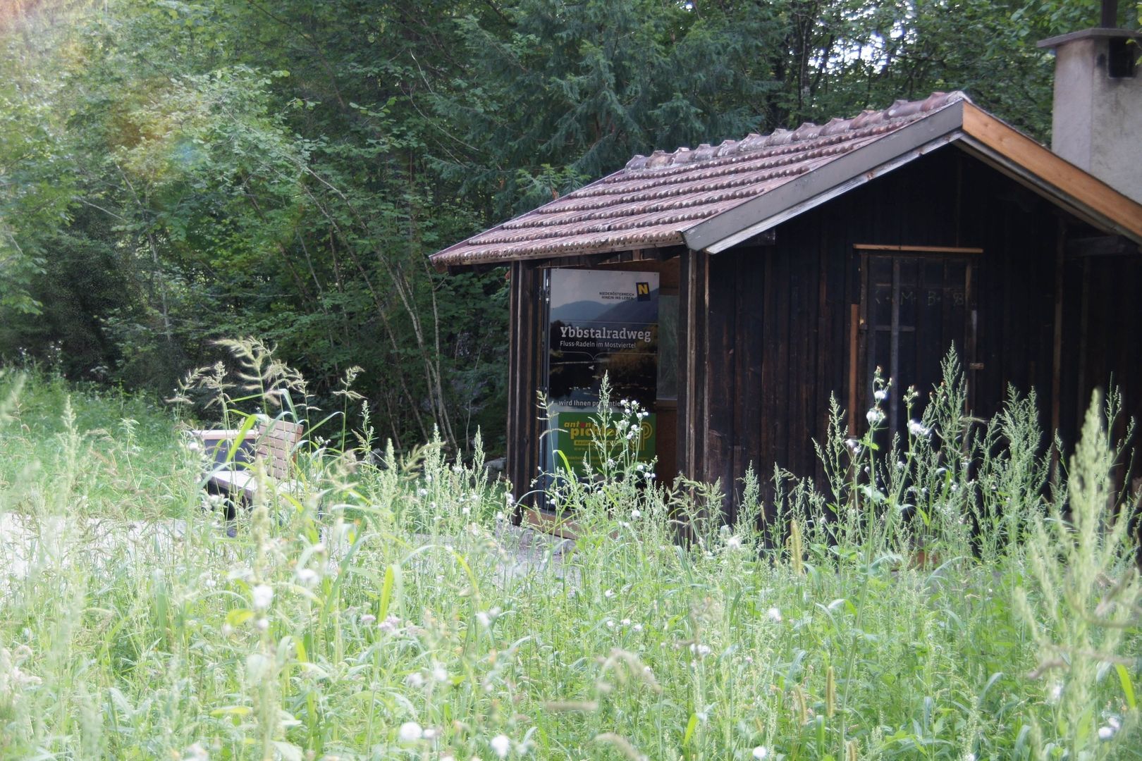 Holzhütte mit einem Schild in einer üppig grünen Waldlichtung.