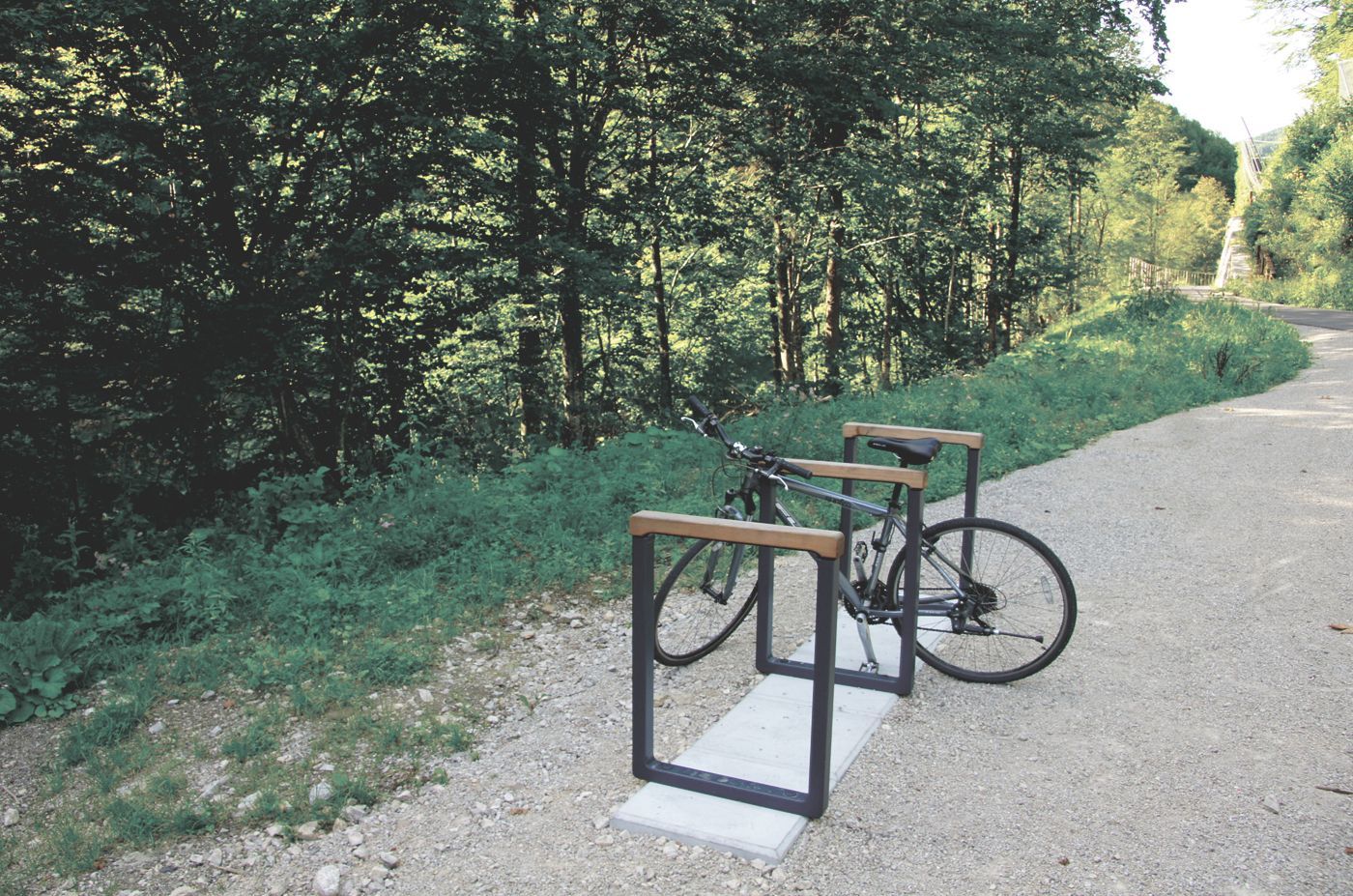 Moderne Fahrradständer aus Stahl mit Holzläufen an einem Waldweg