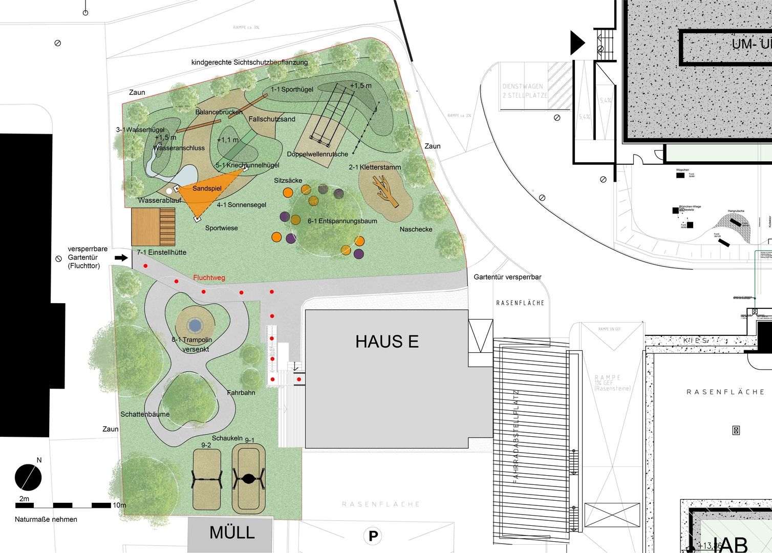 Lageplan eines Spielplatzes mit Bezeichnung von Gebäuden, Spielmöglichkeiten, Wegen und Begrünung